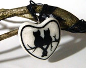 Heart pendant cats in love - hand painted stone, wearable art