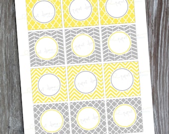 INSTANT DOWNLOAD - Editable and printable 2 inch party circles: Yellow and Gray - Type your own text and print