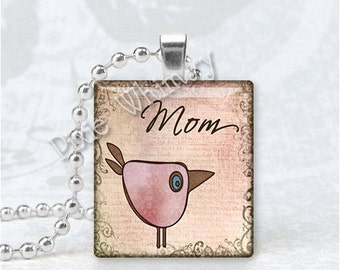 MOM Pendant, Mother Pendant, Bird, Scrabble Tile Art Pendant Charm Jewelry