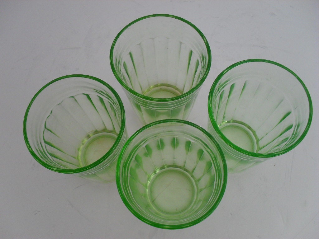 Green Depression Glass Optic Panel Set Of 4 Glasses Rare c