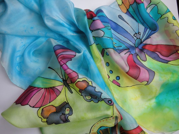 Multicolor Butterflies Hand Painted Silk Scarf Ready to Ship