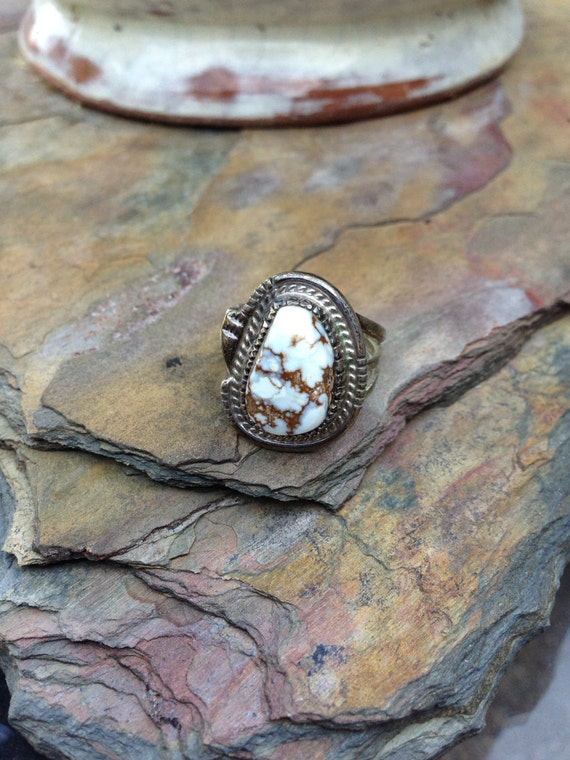 Sterling Silver Navajo White Buffalo Turquoise Ring Size