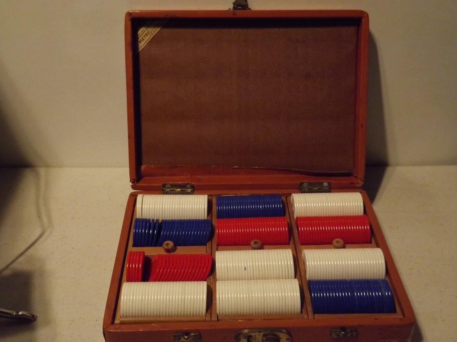 Vintage Leather Poker Chip Case with Wooden Chip Trays