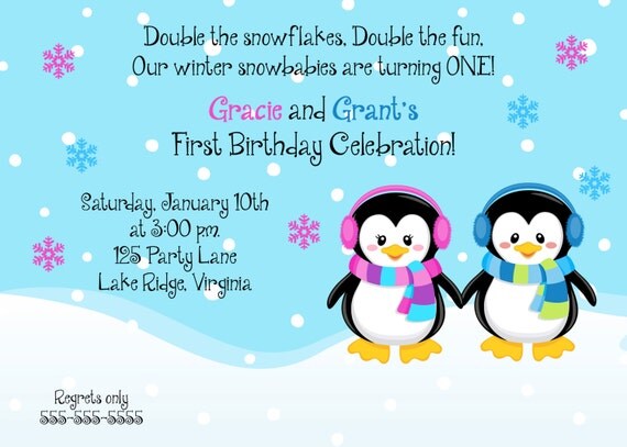 Printable Penguin Twins Birthday Invitation Il_570xn
