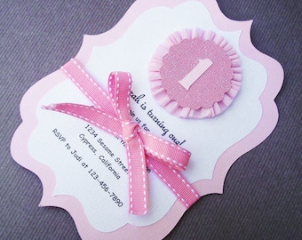 1st Birthday Handmade Pink and White Rosette Invitation for little Girl