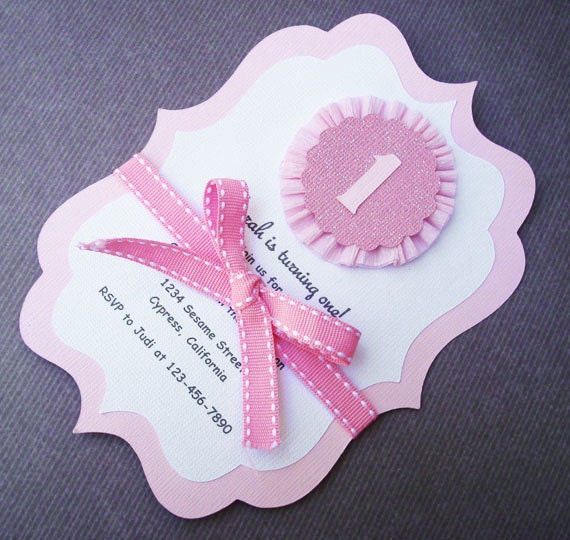 ideas baby shower handmade invitation for Rosette Invitation Handmade 1st Birthday White and for Pink