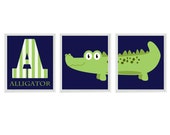 Alligator Nursery Wall Art Print Set ()  - Letter "A" Navy Blue Green Gator Decor - Children Kid Baby Boy Room - Home Decor