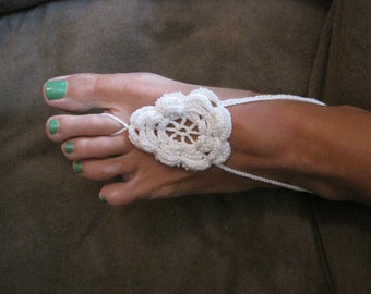 White Hand Crocheted Heavily Beaded Bridal Barefoot Sandal...Beach ...