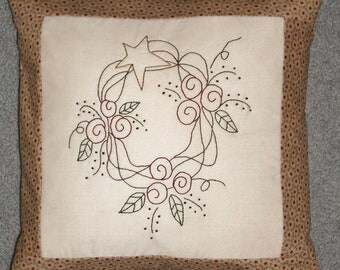 Hand Embroidered Prim Rose Wreath Pillow Cover