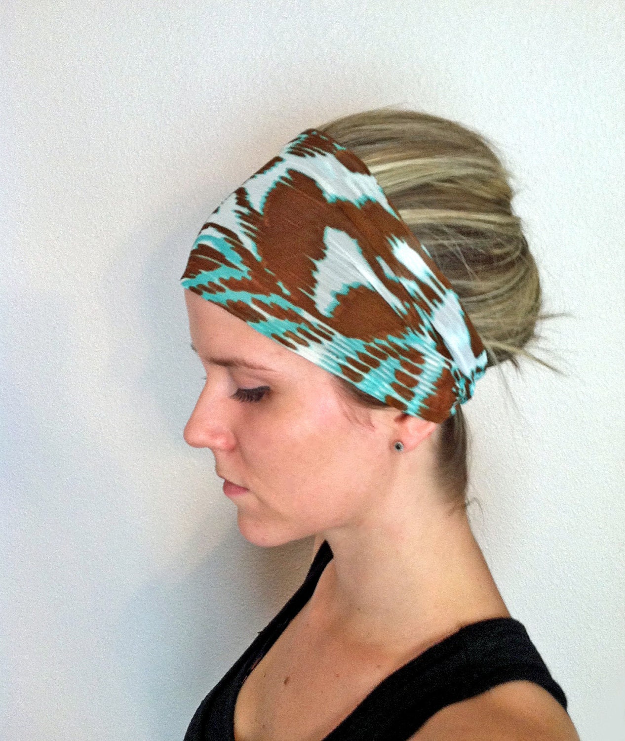 Brown and Teal Wide Headband Fabric Headband Women's