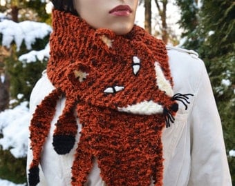 Hand Knit Fox Scarf in Red Orange , renard echarpe