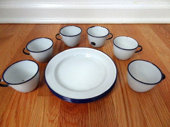 Set of 6 Vintage Kockums Sweden KER Enamelware Plates and Cups