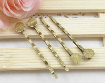 50pcs Antique Brass Bobby Pin with Glue Pad/Hair pin/Jewelry Finding 50mm, The size of the pad is about 8mm