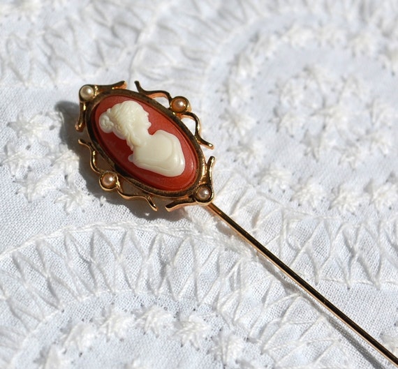 Vintage Hat Pin Coral White Cameo Women's Profile by RedGarnetHome