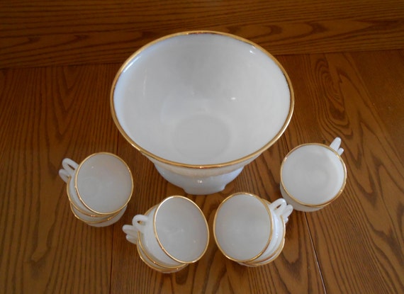 Vintage Punch Bowl Set White Milk Glass 22K Gold Trim 14 pc.