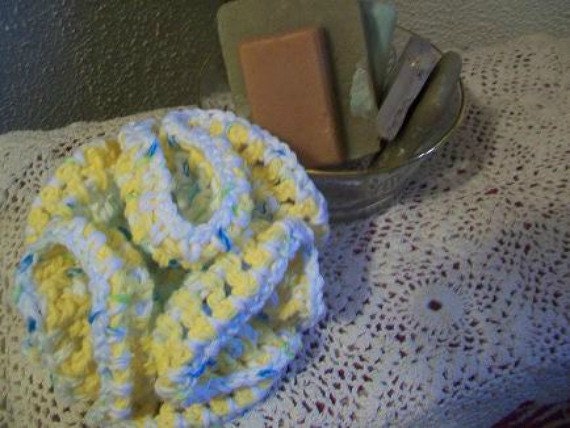 Bath and Shower Scrubbie 5 inch Crocheted Cotton Yellow White and Turquoise Speckled