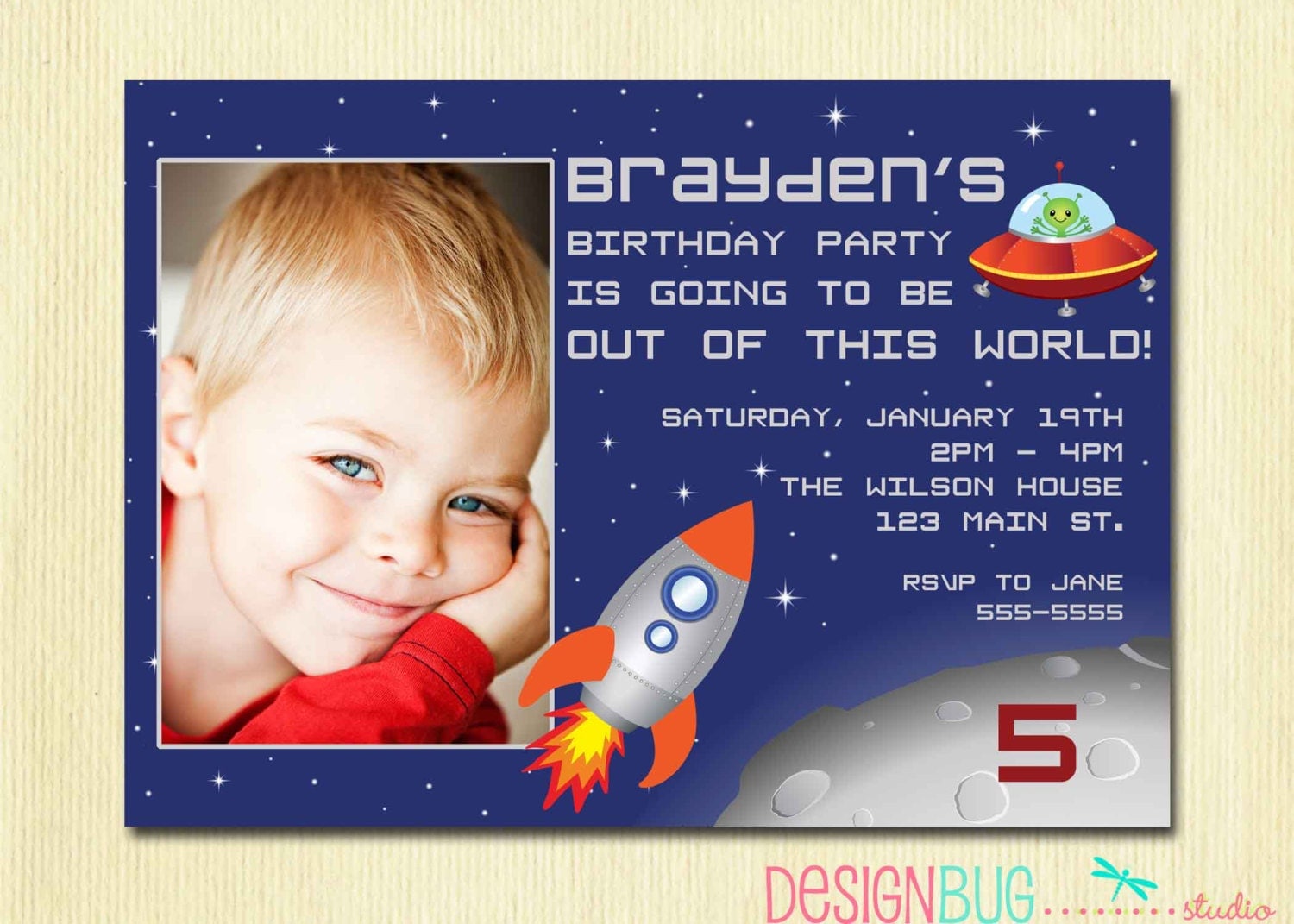 Boys Birthday Invitation Outer Space Rocket Birthday Party