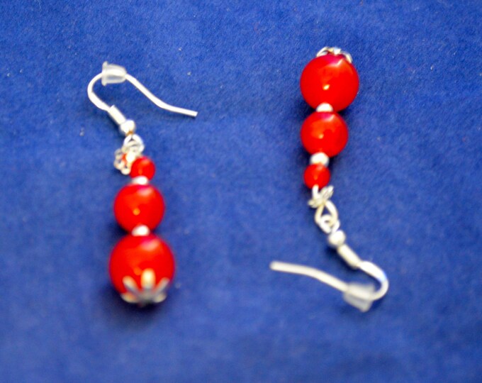 Ruby Gembead Earrings, 2" long, 10, 6 & 4mm Round Beads, Natural, Sterling Silver E245