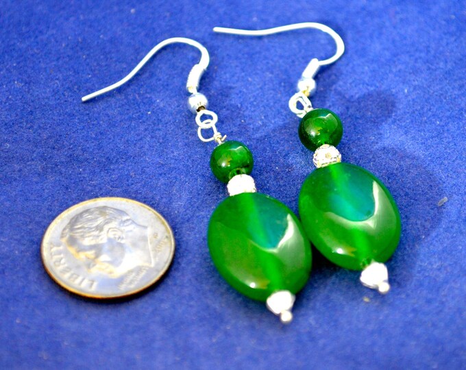 Emerald Gembead Earrings, 2" long, Natural, All Metal is Sterling E260