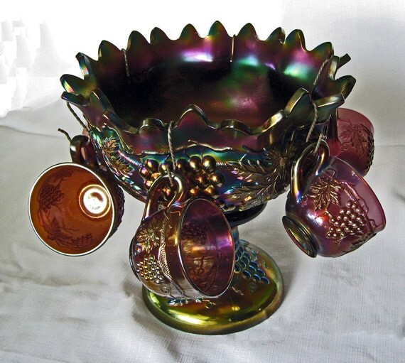 Items similar to Vintage Northwood Carnival Glass Punch Bowl Grape and