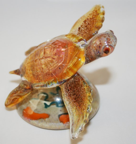 Glass Sea Turtle Paperweight Sculpture By Erniekoberglassart