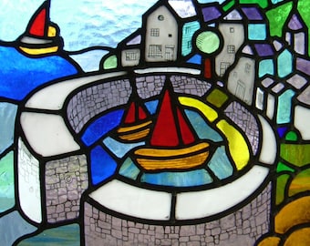 Stained glass panel of Mousehole in Cornwall