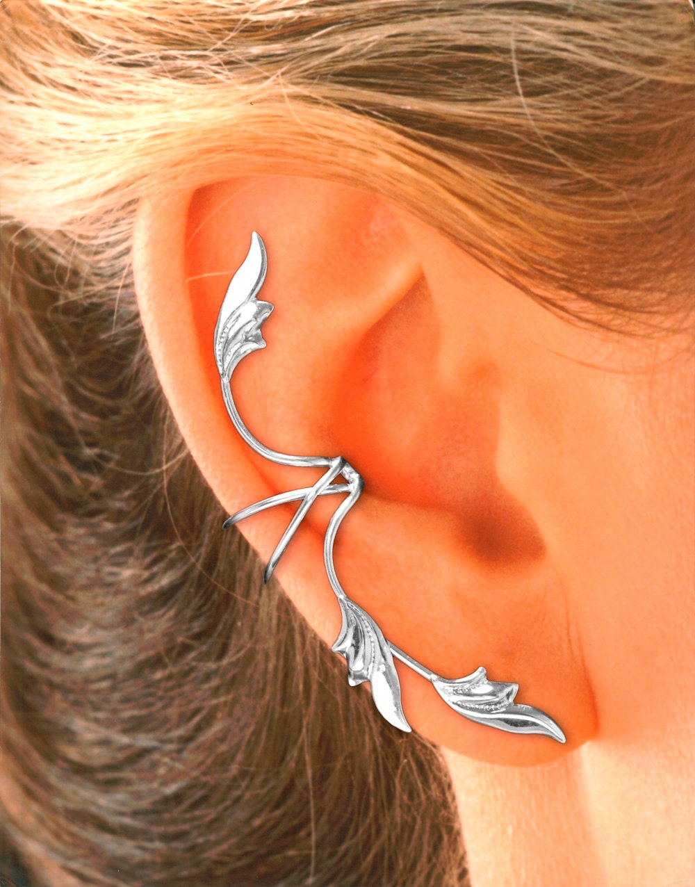 Full Ear 3 Leaf Non-Pierced Ear Cuff in Sterling Silver or