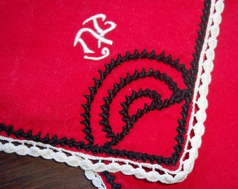 4 French Red Tea Napkins Monogram Handmade Cotton Black and White Lace Trimmed #sophieladydeparis