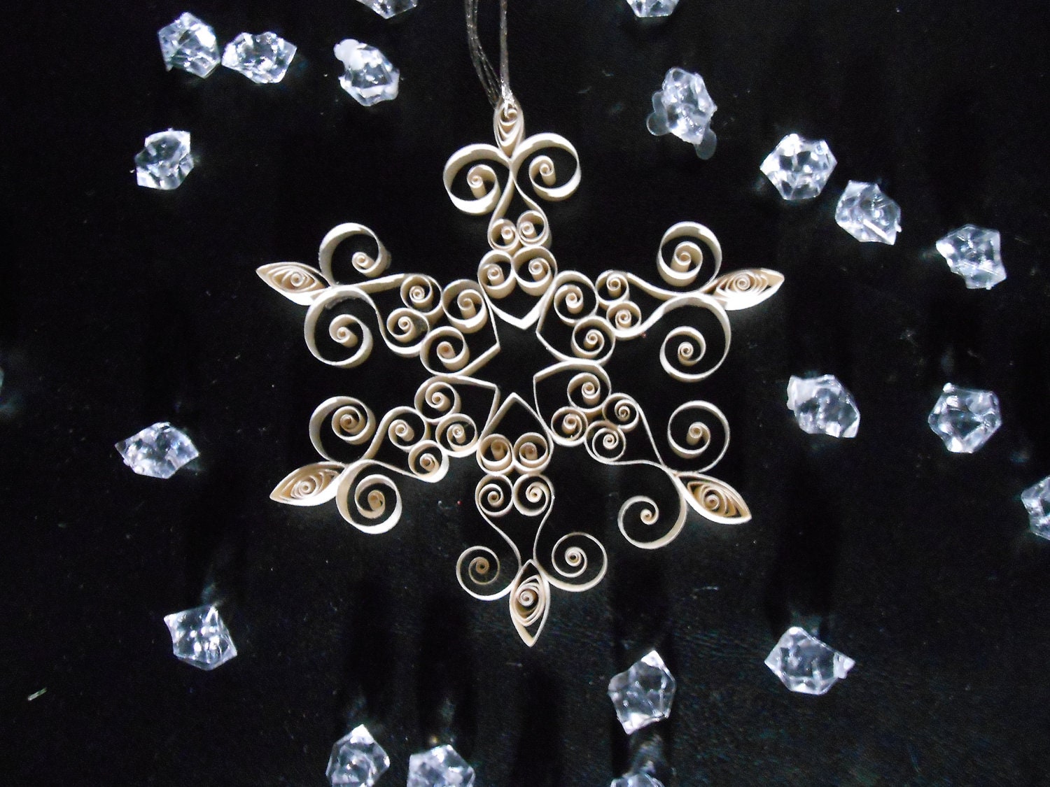 Large Silver Dusted White Quilled Snowflake Christmas Holiday Tree Ornament Decoration~filigree design~icy finish~hand made paper decor