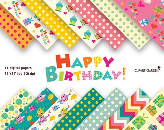 14 Happy Birthday Digital Papers Pack (seamless pattern). (paper crafts, card making, scrapbooking)