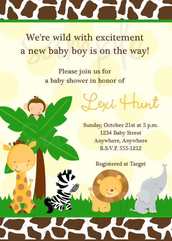 Safari Jungle Baby Shower Invitation Elephant Giraffe Lion