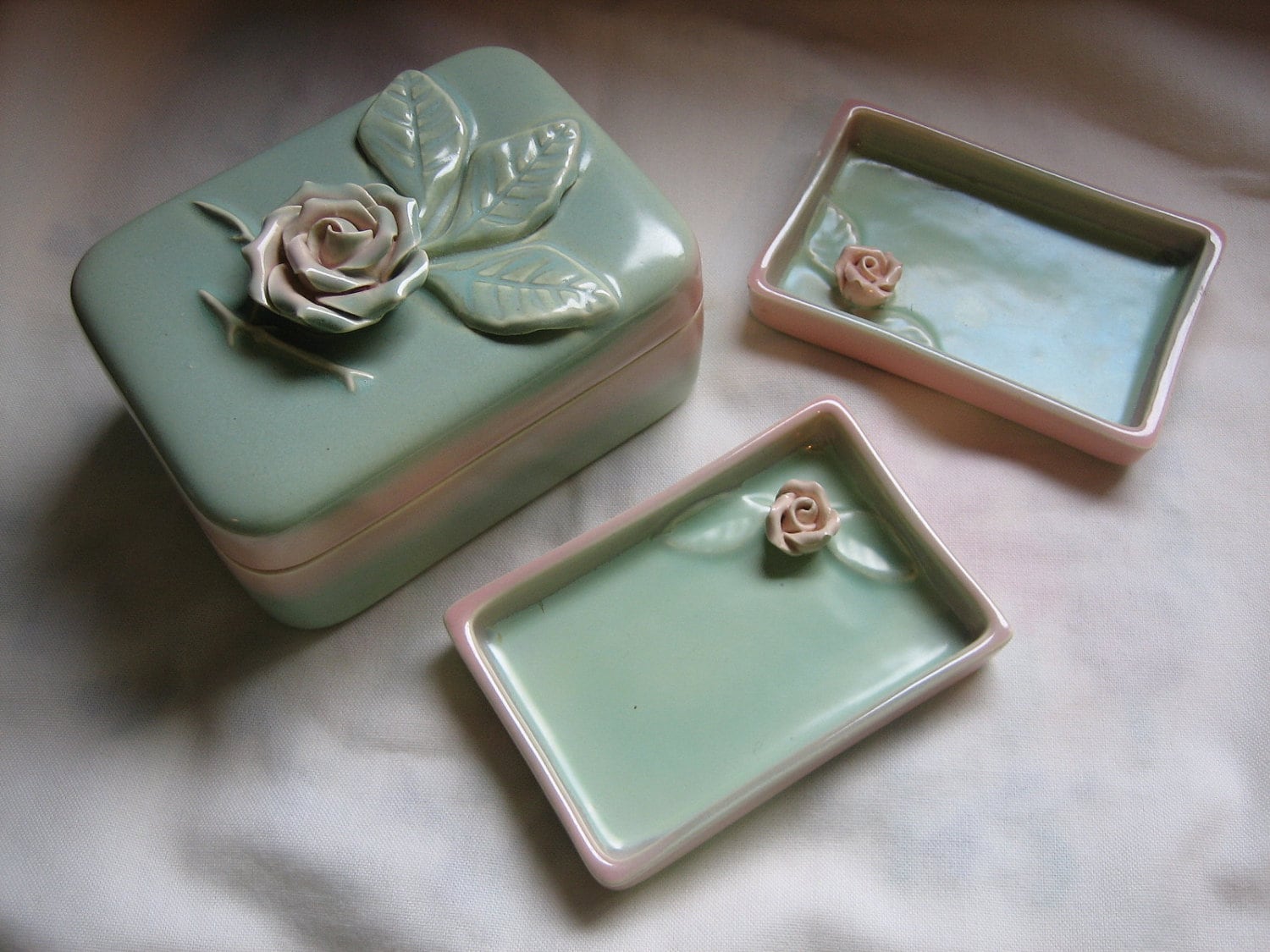 Vintage Green Ceramic Cigarette Box with two Ashtrays