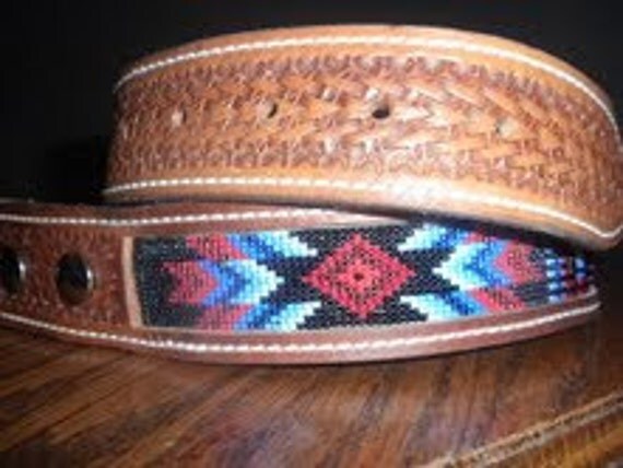 Leather western belts with beaded inset