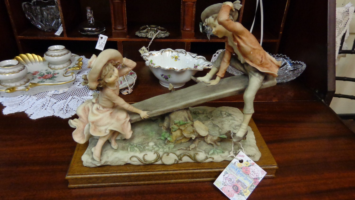 Vintage Capodimonte Signed Figurine Of a Girl and Boy on a