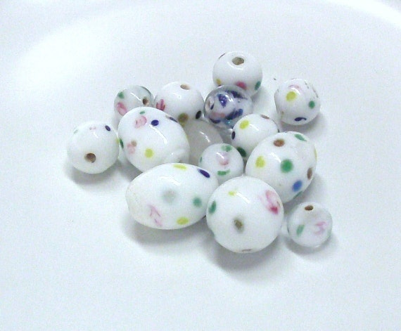 Mixed Lot of White Glass Beads with Dots of by BeadsFromHaven