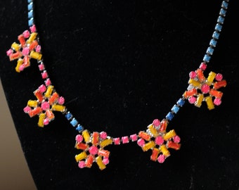 Wonderful hand paint Neon Rhinestone Necklace-with flower motif