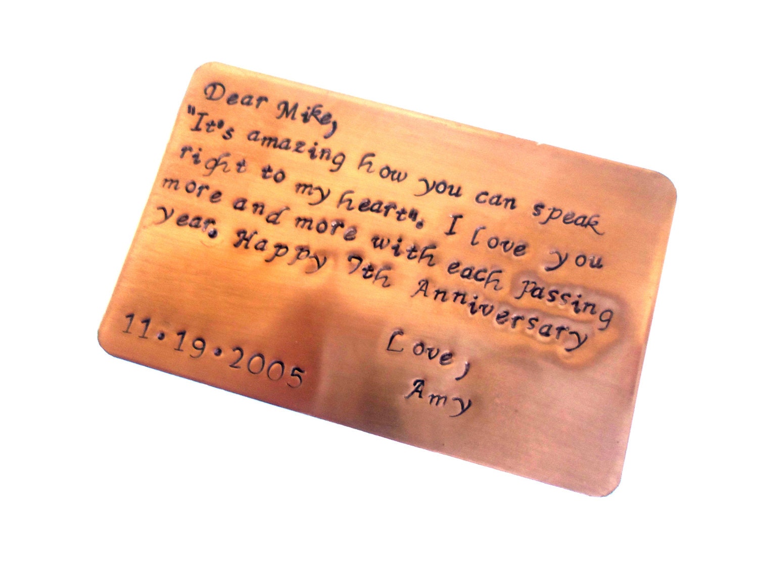 Copper Wallet Insert 7th Year Anniversary Keepsake Card For