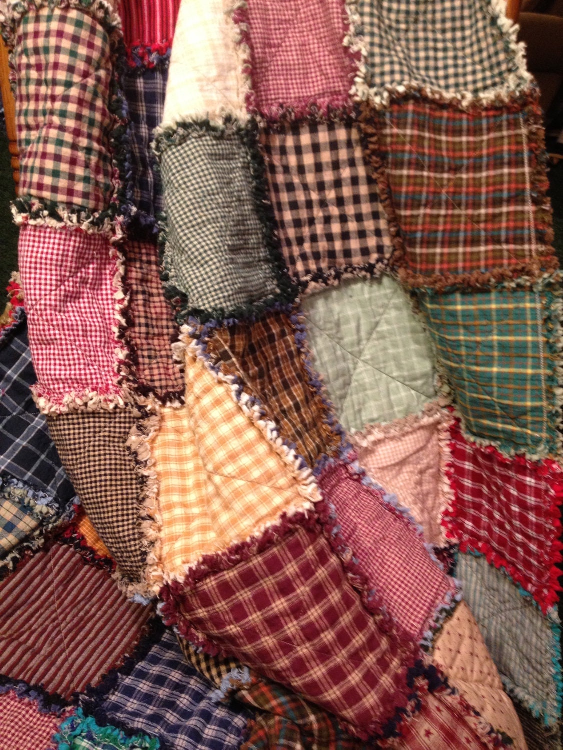 Homespun and Cotton Rag Quilt Extra Long Throw Size Flannel Cotton patchwork rag quilt