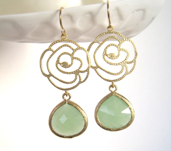 Items similar to Mint Earrings Gold Flower Earrings Rose Dangle Rosebud