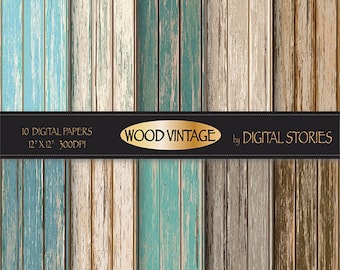 Wood digital paper: "WOOD DIGITAL PAPER" distressed rustic wood in teal, brown, for scrapbooking, backdrops, invites