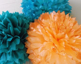 3 Teal and Coral Poms Teal Coral Wedding Decorations Tissue