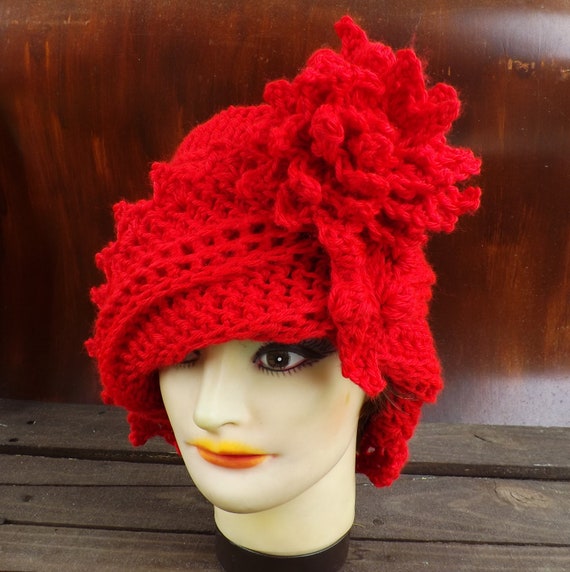 LAUREN Steampunk Hat, Crochet Cloche Hat, Crochet Flower Hat, Womens Hat Trendy, Crochet Hat for Women, Womens Red Hat Ladies