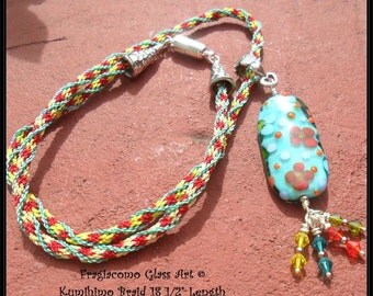 Lampwork Kumihimo Necklace, Teal Orange Yellow Green, Handmade SRA LETEAM Glassymom