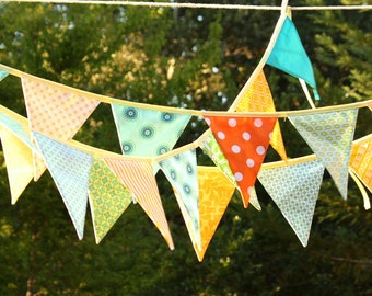 HUGE SALE Colorful Fabric Bunting Banner Prop Decoration in Orange, Green, Yellow and Aqua. Designer's Choice. Best Selling Item in Our Shop