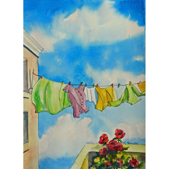 Clothesline Art, Original Watercolor Painting, 14" x 10 Laundry Art