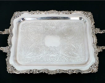 Sheridan Butler Serving Tray - Large Silver Plated Footed Tray with Handles 1940s 40s Serving Silverplated Tray Ornate Engraved Table Decor