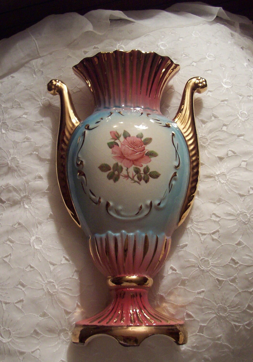 Vintage Antique Ceramic Vase Center Rose with Gold Trim Made