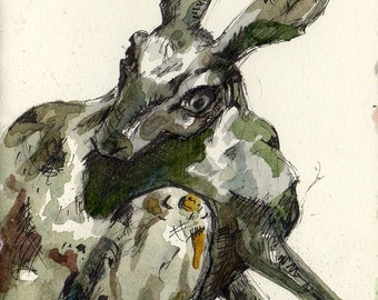 Beautiful Rabbit Frantic Hare Watercolor and Ink Painting Reproduction Print of Original Art by Jen Tracy
