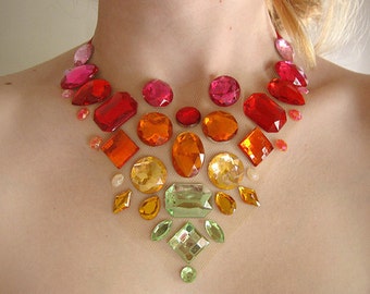 Floating Orange and Green Rhinestone Statement Necklace, Rhinestone Illusion Necklace, Floating Rhinestone Necklace, Colorful Statement