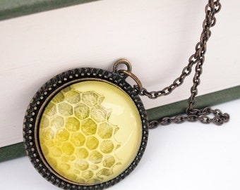 Honeycomb Natural History Pendant Necklace Honey Bee Yellow Gold